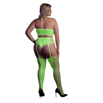 Ouch! Neonowy komplet bielizny crop top i pończochy XL/XXXXL
