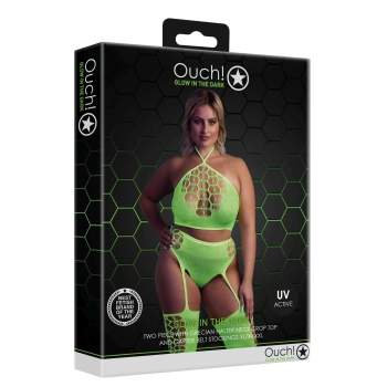 Ouch! Neonowy komplet bielizny crop top i pończochy XL/XXXXL