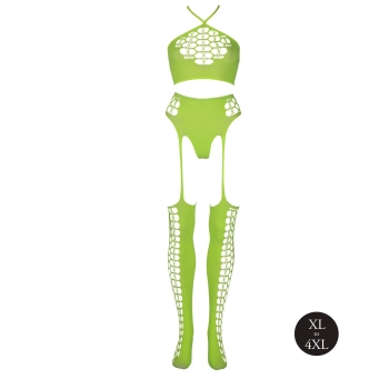 Ouch! Neonowy komplet bielizny crop top i pończochy XL/XXXXL