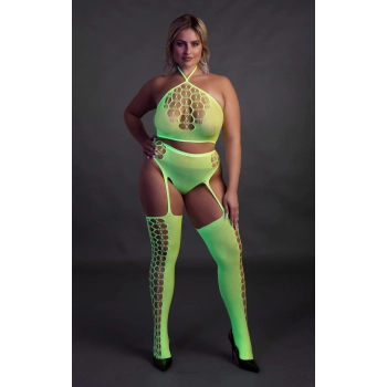 Ouch! Neonowy komplet bielizny crop top i pończochy XL/XXXXL