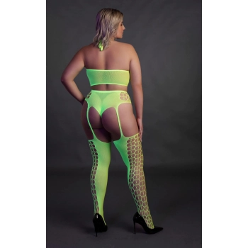 Ouch! Neonowy komplet bielizny crop top i pończochy XL/XXXXL