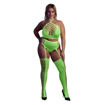 Ouch! Neonowy komplet bielizny crop top i pończochy XL/XXXXL