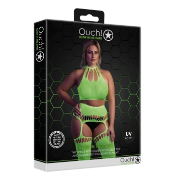 Neonowy komplet Ouch! UV crop top i pończochy XL XXXXL