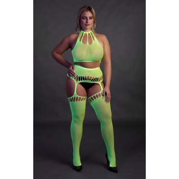 Neonowy komplet Ouch! UV crop top i pończochy XL XXXXL