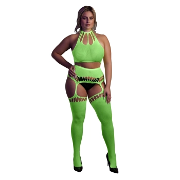 Neonowy komplet Ouch! UV crop top i pończochy XL XXXXL