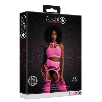 Komplet bielizny Ouch neonowy różowy z topem i pończochami XS/XL