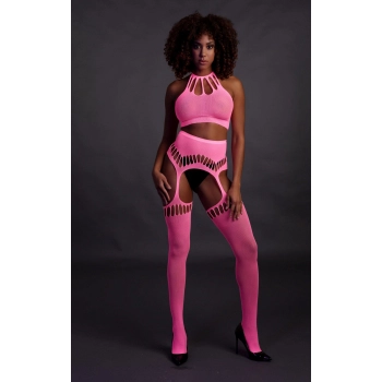 Komplet bielizny Ouch neonowy różowy z topem i pończochami XS/XL