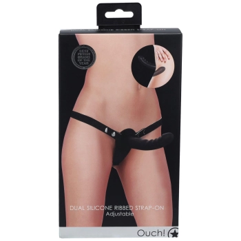 Strap on silikonowy Ouch z podwójnym dildo regulowany czarny
