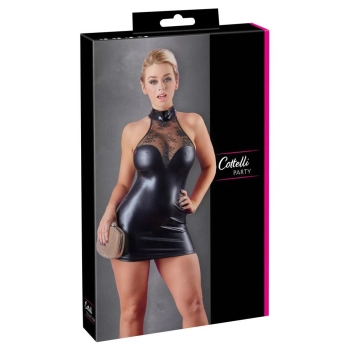 Sukienka z koronką Cottelli PARTY wet look czarna L
