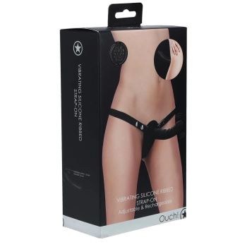 Wibrujący strapon silikonowy Ouch żebrowany regulowany czarny 15,5 cm