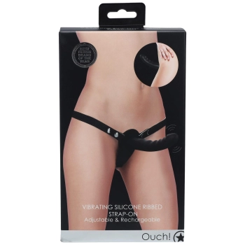 Wibrujący strapon silikonowy Ouch żebrowany regulowany czarny 15,5 cm