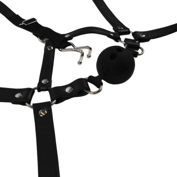 Head Harness with Breathable Ball Gag and Nose Hooks - Black