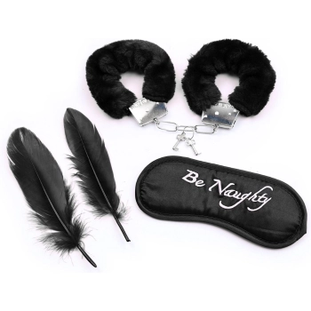 Zestaw bondage Fetish Fever mankiety maska piórka czarny 4 sztuki