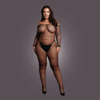 Bodystocking with off shoulder neckline, fishnet structure and open crotch.