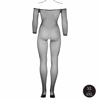 Bodystocking with off shoulder neckline, fishnet structure and open crotch.