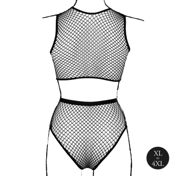 2 piece with crop top, pantie and fishnet structure.