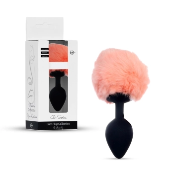 Silikonowy korek analny z ogonkiem króliczym czarny brzoskwiniowy 8 cm