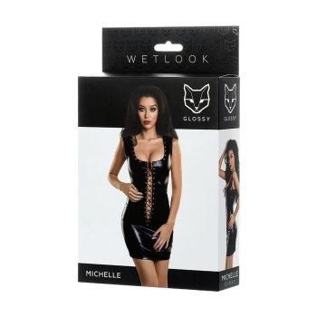 Błyszcząca sukienka wetlook z ćwiekami i sznurowaniem Glossy czarna S