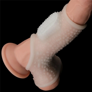 Wibrujący pierścień erekcyjny Lovetoy z rękawem mosznowym biały 13 cm