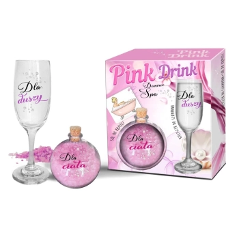 PINK DRINK- Zestaw - kieliszek do szampana i kula z solą do kąpieli -  Dla duszy. Dla ciała.