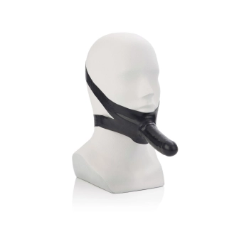 Knebel z lateksowym dildem The Accommodator czarny 14 cm z wibracją