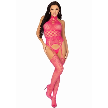 High Neck Lace Bodystocking Pink