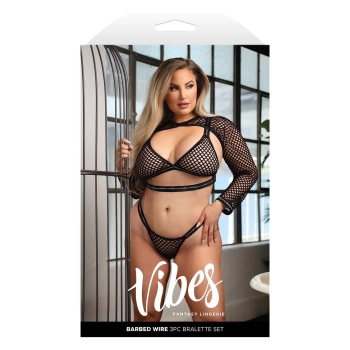 BARBED WIRE FISHNET BRALETTE, LONG SLEEVE SHRUG & PANTY, Q/S