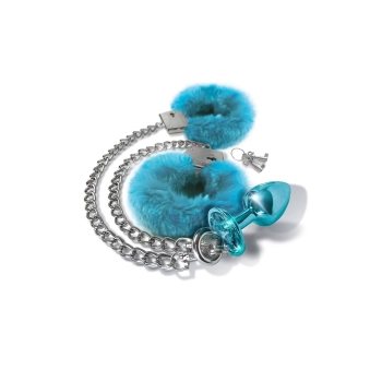 NIXIE METAL BUTT PLUG & FURRY HANDCUFF SET, MEDIUM,Â BLUE METALLIC