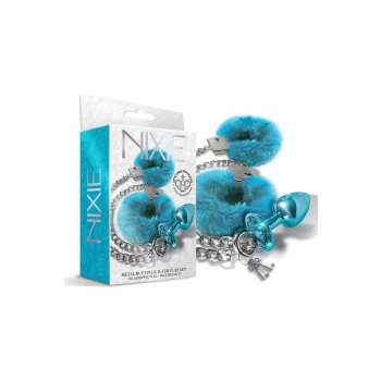 NIXIE METAL BUTT PLUG & FURRY HANDCUFF SET, MEDIUM,Â BLUE METALLIC