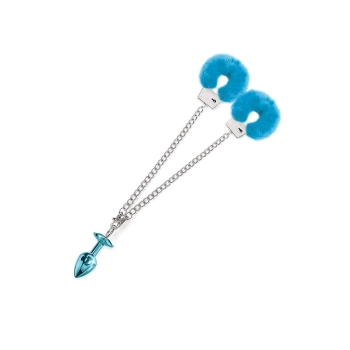 NIXIE METAL BUTT PLUG & FURRY HANDCUFF SET, MEDIUM,Â BLUE METALLIC
