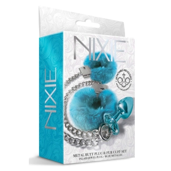 NIXIE METAL BUTT PLUG & FURRY HANDCUFF SET, MEDIUM,Â BLUE METALLIC