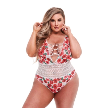 WHITE FLORAL & LACE TEDDY, XL