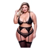 3PC LACE & MESH BRA, GARTER & PANTY SET BLACK, QUEEN