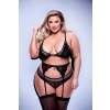 3PC LACE & MESH BRA, GARTER & PANTY SET BLACK, QUEEN