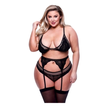 3PC LACE & MESH BRA, GARTER & PANTY SET BLACK, QUEEN
