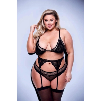 3PC LACE & MESH BRA, GARTER & PANTY SET BLACK, QUEEN