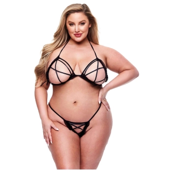 BACI 2 PCS PEEK-A-BOO BRA & CROTCHLESS G-STRING SET BLACK , Q