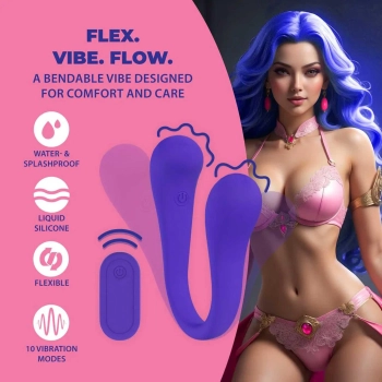 Dwustronny wibrator silikonowy giętki Loveline z pilotem fioletowy 23 cm