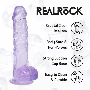 Dildo realistyczne z jądrami RealRock Crystal Clear fioletowe 13 cm