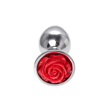 Anal plug Metal by TOYFA, metal, silver with red rose, 8 cm, O 2.7 cm, 48 g