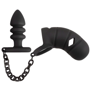Klatka na penisa z plugiem analnym Black Velvets silikonowa