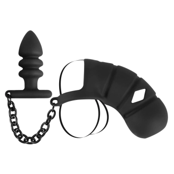 Klatka na penisa z plugiem analnym Black Velvets silikonowa