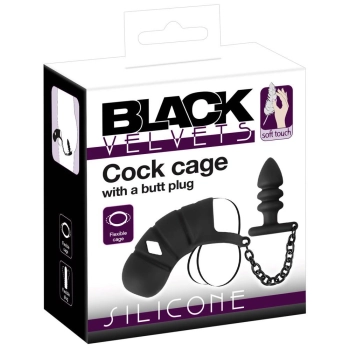 Klatka na penisa z plugiem analnym Black Velvets silikonowa