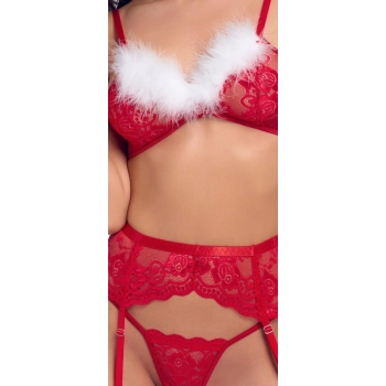 Świąteczny komplet bielizny Cottelli LINGERIE czerwony z piórkami S/M