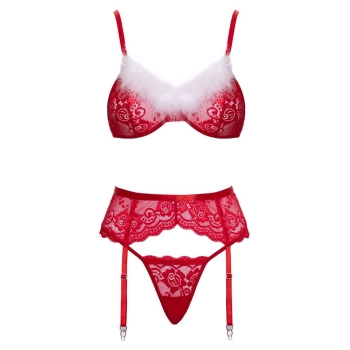 Świąteczny komplet bielizny Cottelli LINGERIE czerwony z piórkami S/M