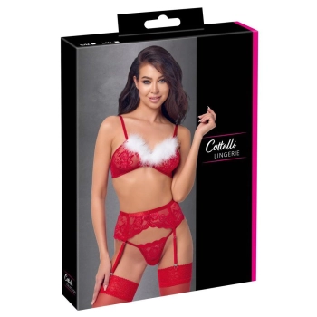 Świąteczny komplet bielizny Cottelli LINGERIE czerwony z piórkami S/M