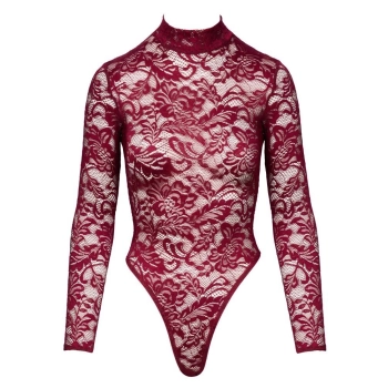 Body koronkowe Cottelli LINGERIE bordowe XL z długim rękawem