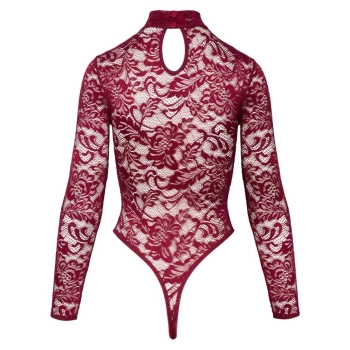 Body koronkowe Cottelli LINGERIE bordowe XL z długim rękawem