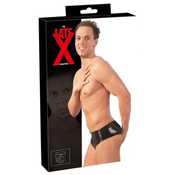 Slipy lateksowe z dildo analnym Late X czarny M/L 14 cm