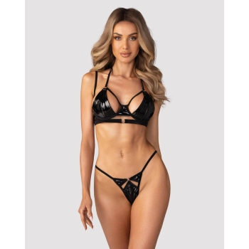 Komplet bielizny Obsessive Keira Lise imitującej lateks czarny S/M